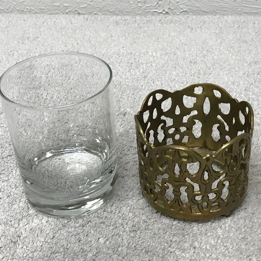 Vintage Brass Glass Votive Candle Holder Filigree Open Work Footed Sleeve India